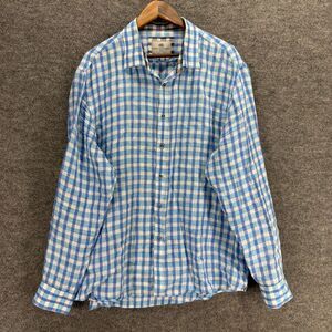 Report Collection Shirt Men 2XL Blue Plaid Button Up Linen Long Sleeve Collared